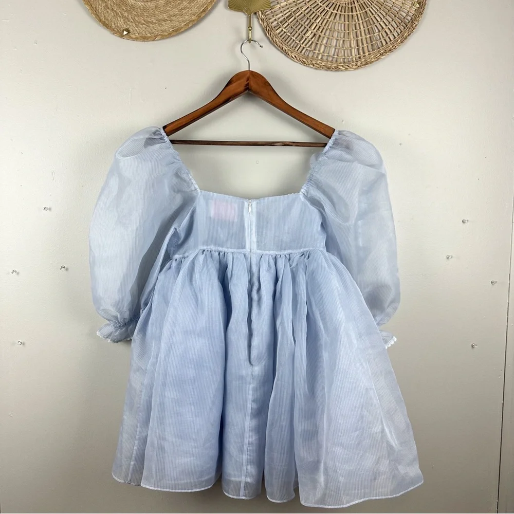 SELKIE The Puff Dress Sheer Blue Babydoll Pinstripe Dress Size Small - Picture 4 of 17